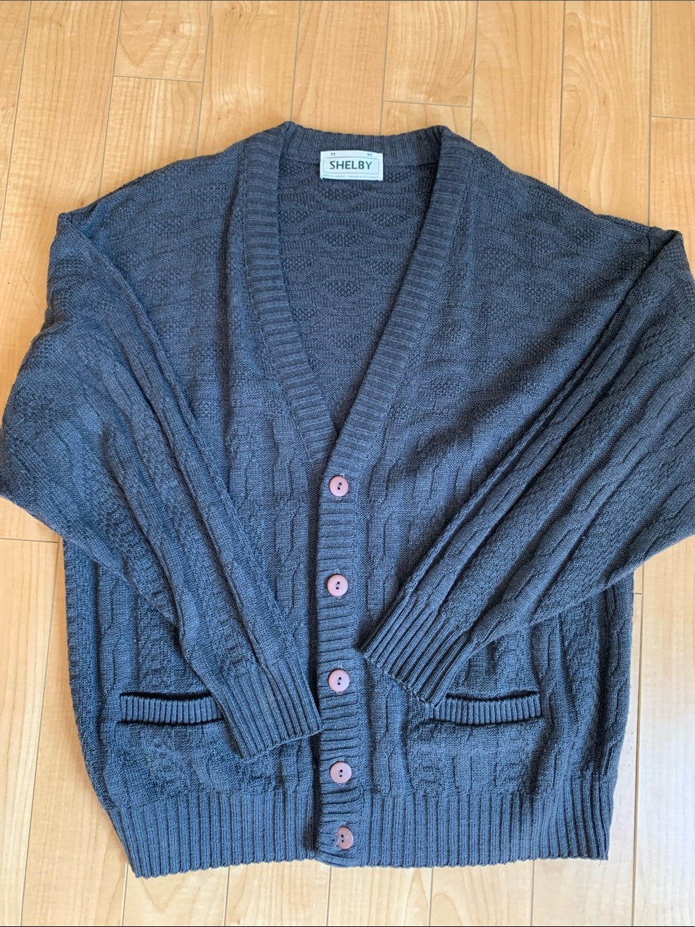 Selby Men's Dark Charcoal Gray Button-Front Cardigan with Pink Buttons
